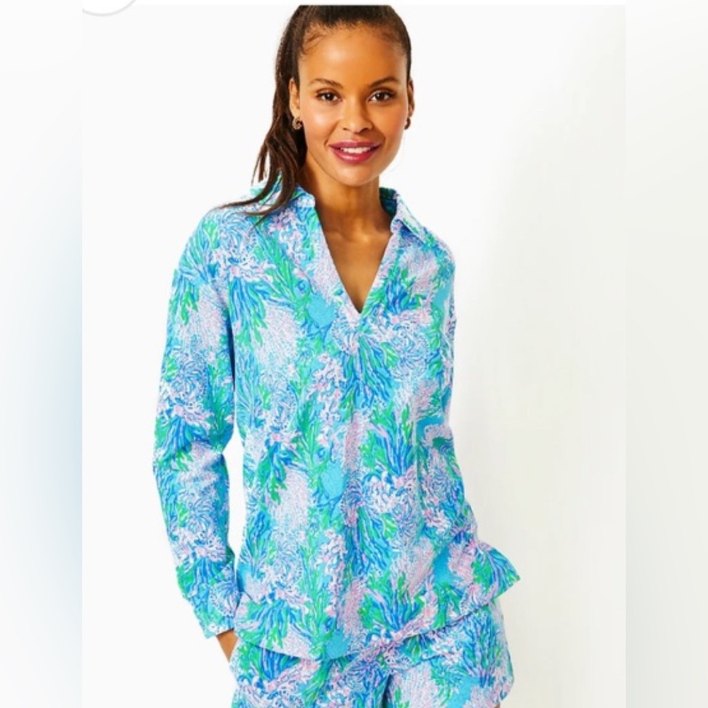 Lilly Pulitzer Clinton Long Sleeve in Print  Strong Current Sea, Size Small.